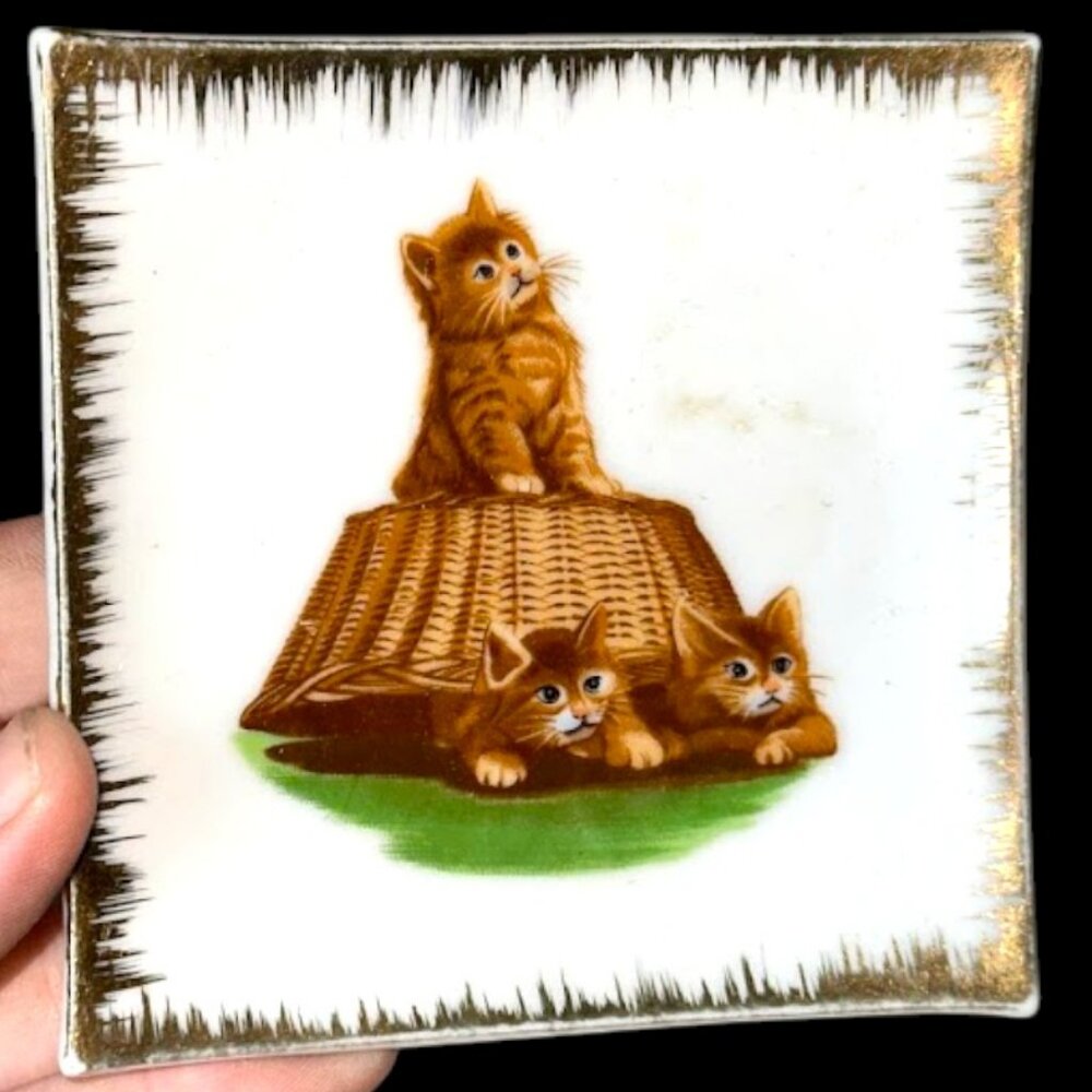 Vintage Bradley Exclusives Japan Square Porcelain Painted Kitty Cat Trinket Dish